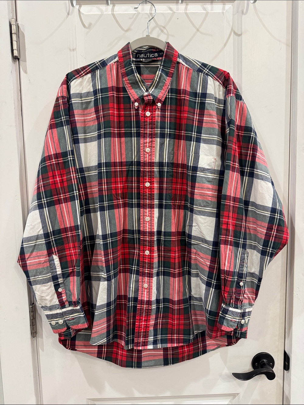 Vintage Nautica Red Navy White Tartan Plaid Button-Down Shirt Size Large